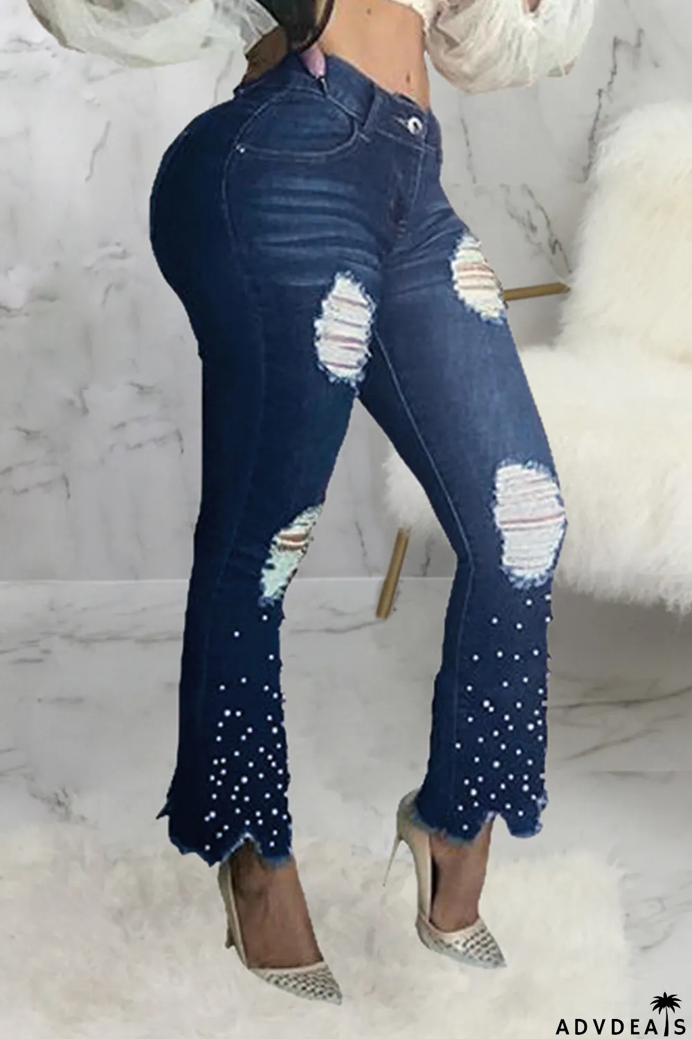Dark Blue Sexy Solid Ripped Pearl Mid Waist Boot Cut Denim Jeans