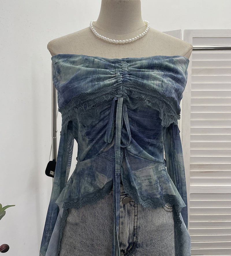 Aiertu trashy outfits Niche Vintage Green off-Shoulder Bell Sleeve Top Blooming Mesh Lace Drawstring Short T-shirt aiertu
