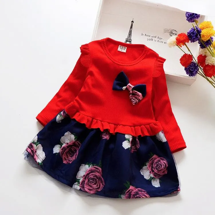 1 to 6 Yrs Spring Autumn Toddler Girl Dress Long Sleeve Toddler Dress Floral Bow Kids Dresses for Girls Fashion Girls Clothing