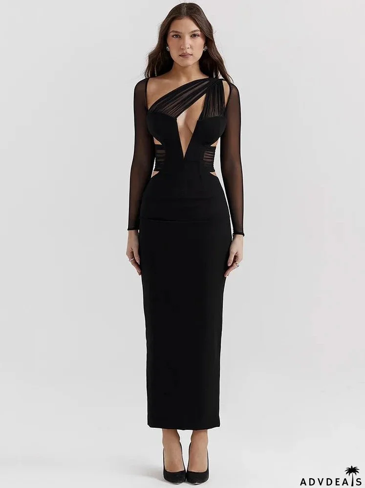 Mesh Long Sleeve Bodycon Graceful Deep Neck Maxi Dress