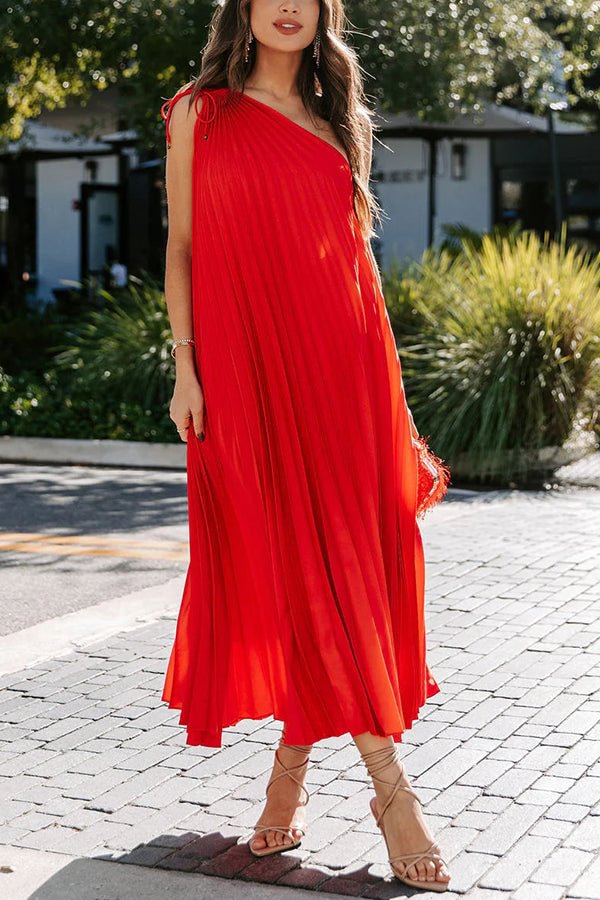 Korina Satin One Shoulder Pleated Midi Dress