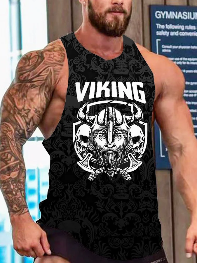 Wearshes Men's Viking Skull Ax Black & White Contrast Graphic Tank Top