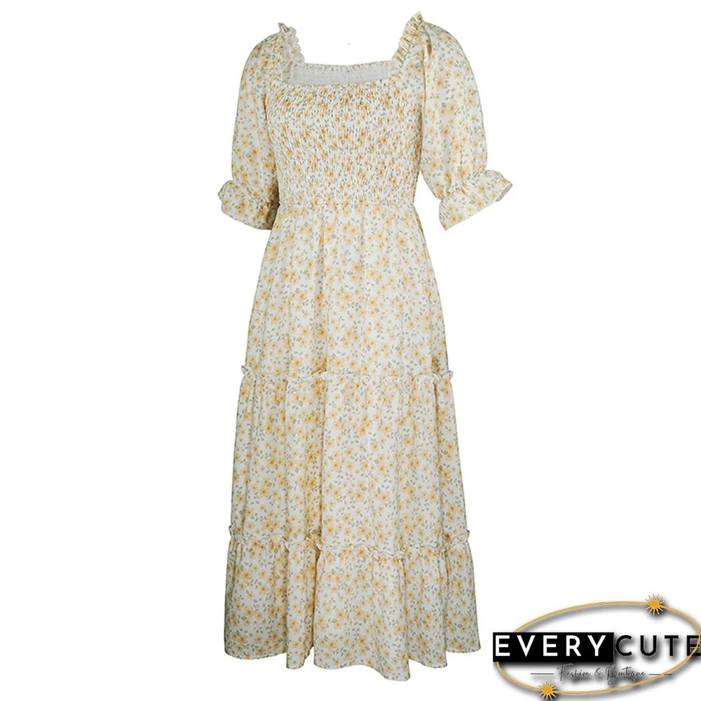 Yellow Square Neck Swing Floral Dress