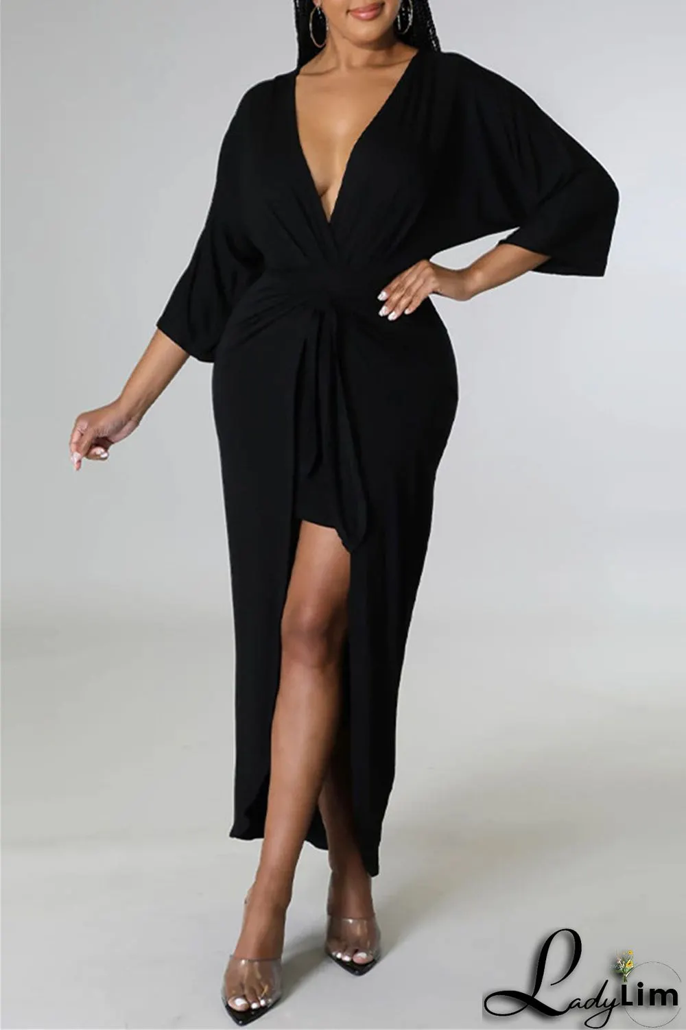 Burgundy Fashion Casual Solid Patchwork V Neck Irregular Dress