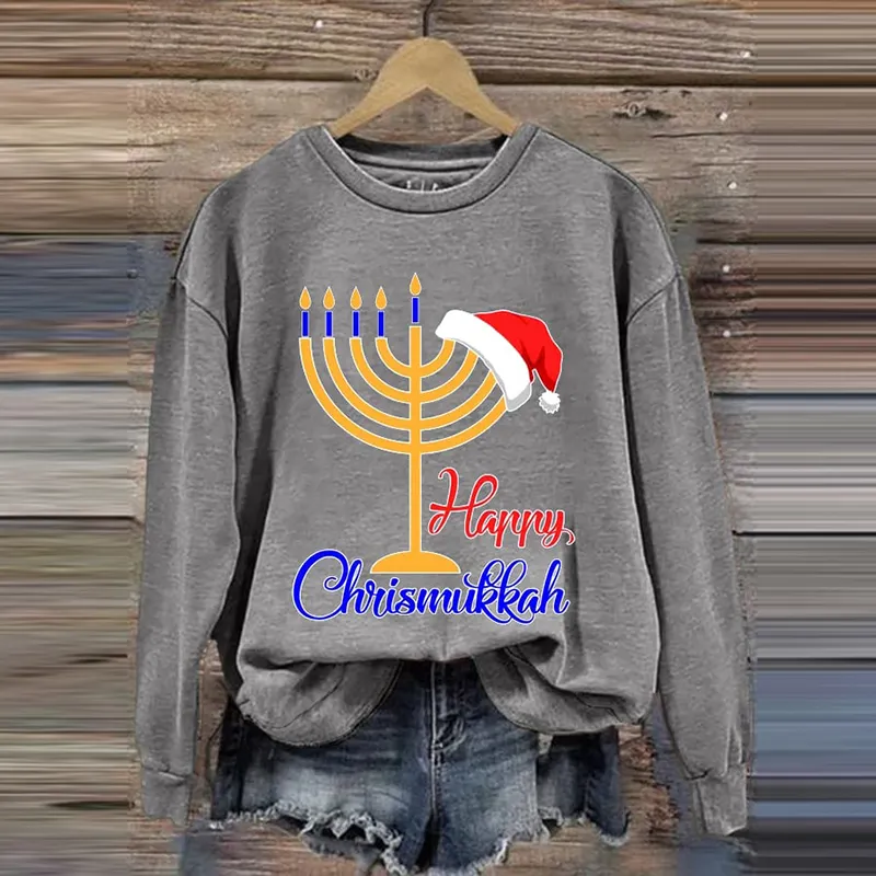 Women's Hanukkah Christmas Menorah Print Crew Neck Sweatshirt