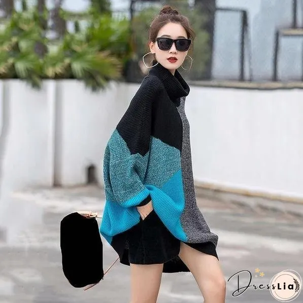 New Irregular Contrast Color O-Neck Collar Pullover Loose Fashion Womens Sweater Winter