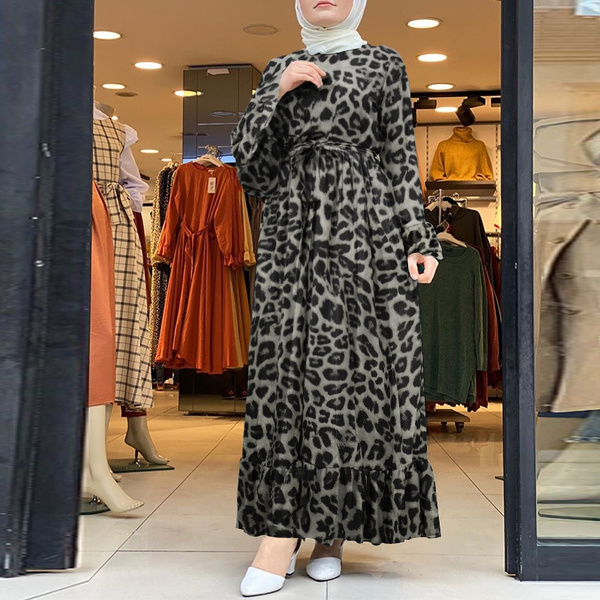 Women Muslim Dubai Islam Kaftan Flota Robe Leopar Printed Baggy Ruffle Hem Elegant Maxi Dress