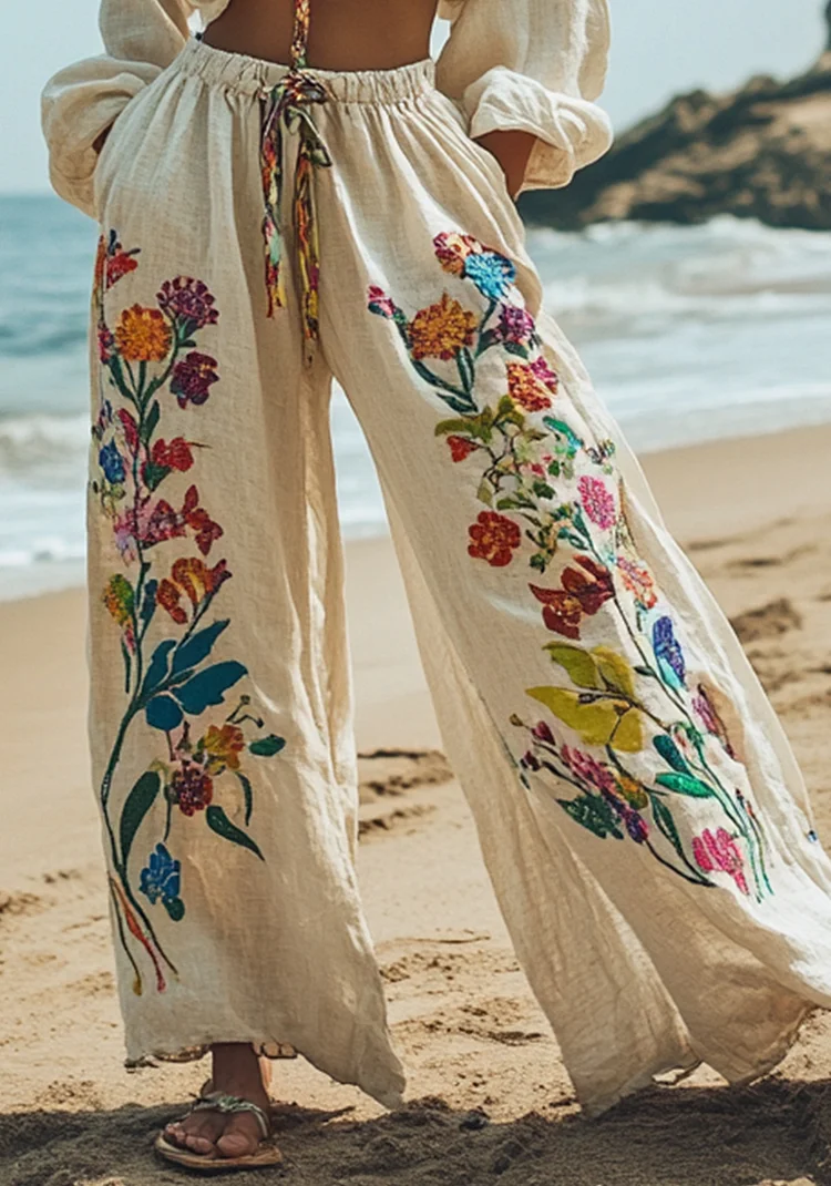 Utbros Floral And Botanical Embroidery Linen Lounge Pants