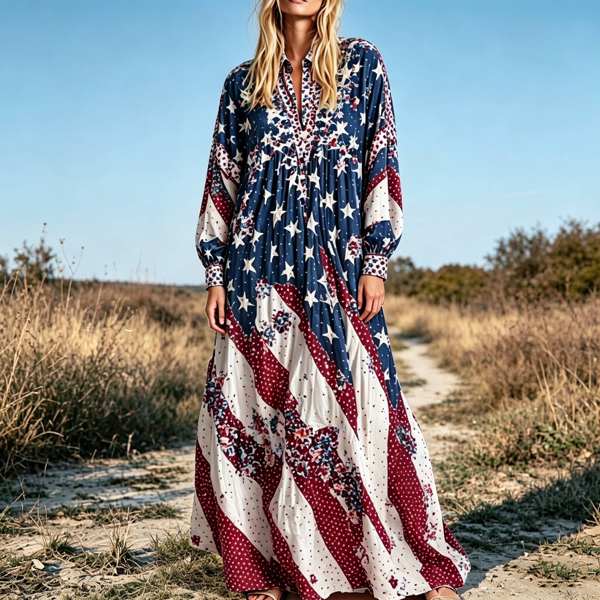  Women's Retro American Flag Floral Patchwork Art Comfortable Cotton Linen V-neck Long Sleeve Dress Westsshops