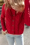 Women's Warm Red Round Neck Cable Knit Buttoned Cardigan Coat 