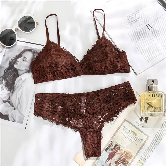 Wriufred Sexy Temptation Lace Soft Cup Bra Set Women Deep V Underwear Brassiere Comfortable Ultra-thin Triangle Cup lingerie