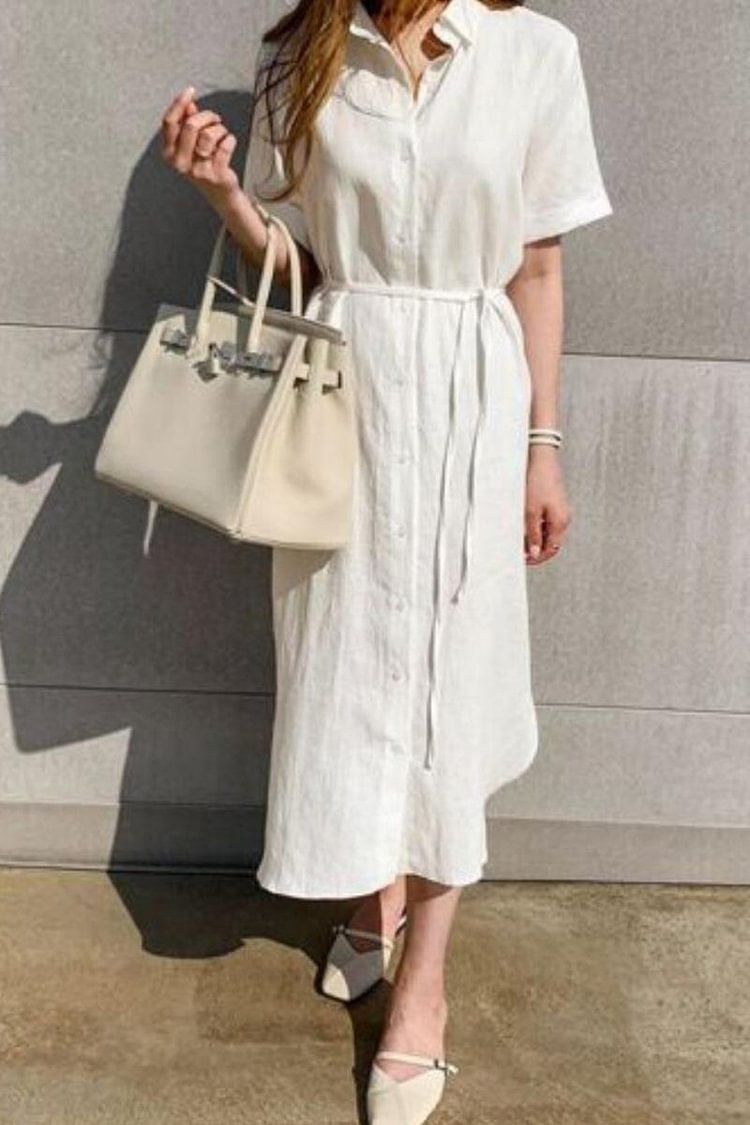 Linen Short Sleeve Button Up Knotted Casual Midi Shirt Dress