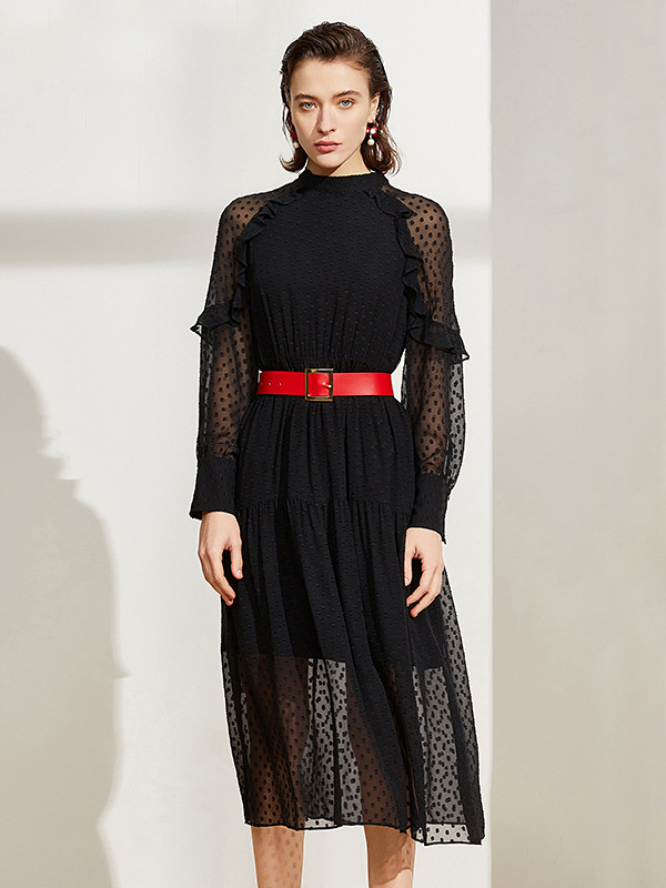 Long Sleeve See-Through Red Belt Silk Dress