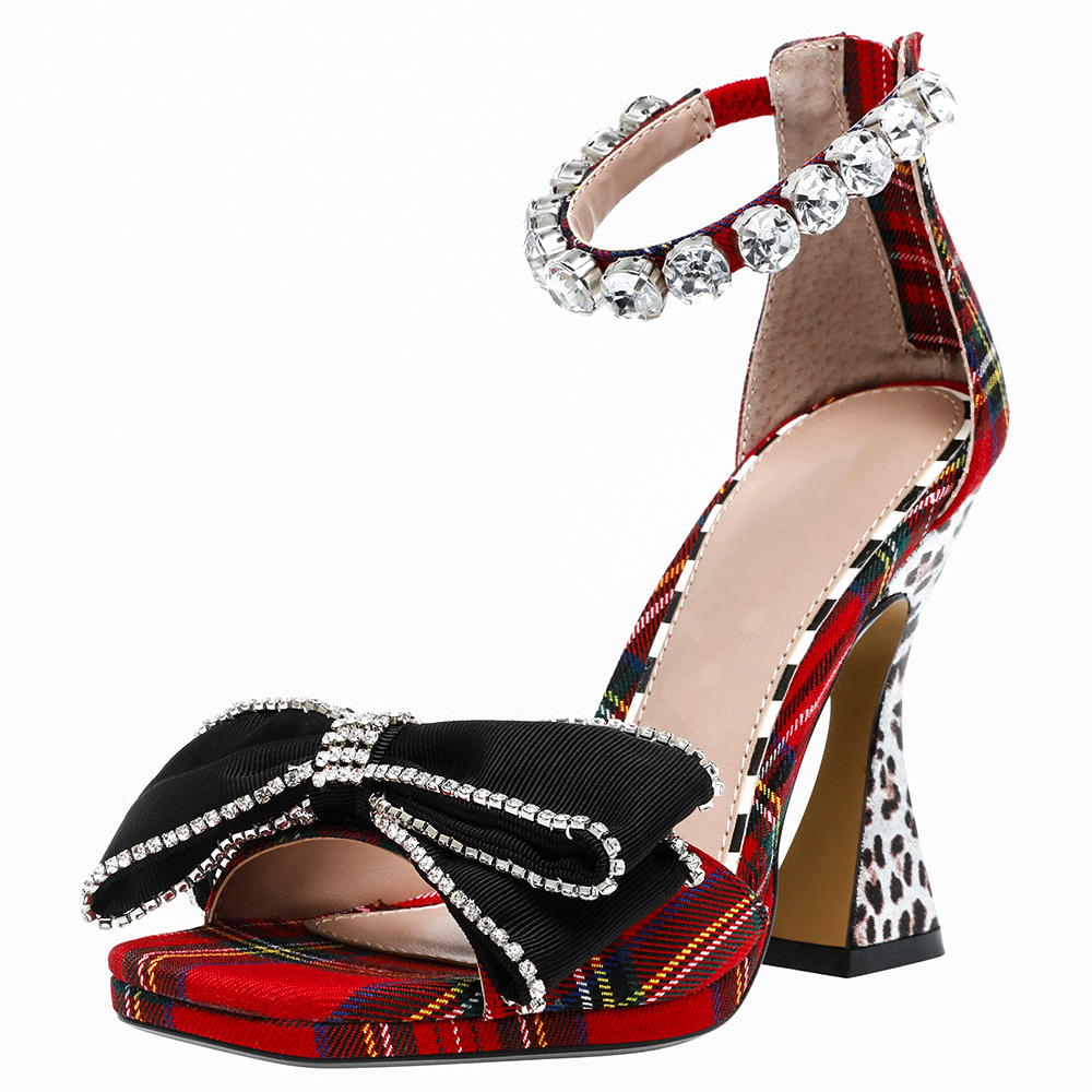 Multicolor Plaid Square Toe Flared Heel Ankle Strap Sandals with Bow Nicepairs