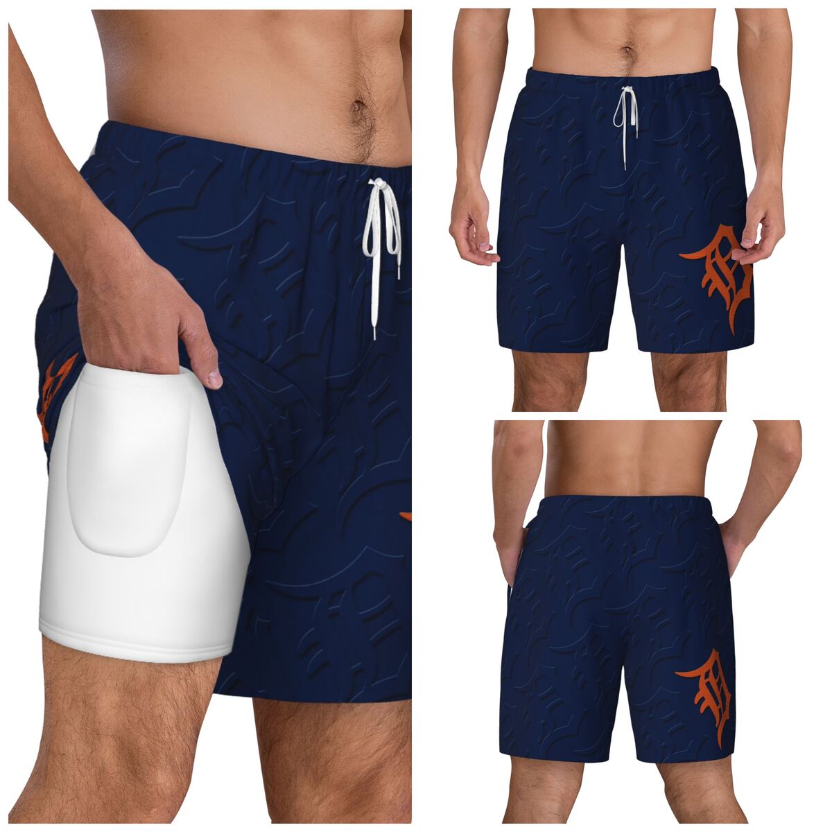 Detroit Tigers Blue Pattern Men's Swim Trunks with Compression Liner