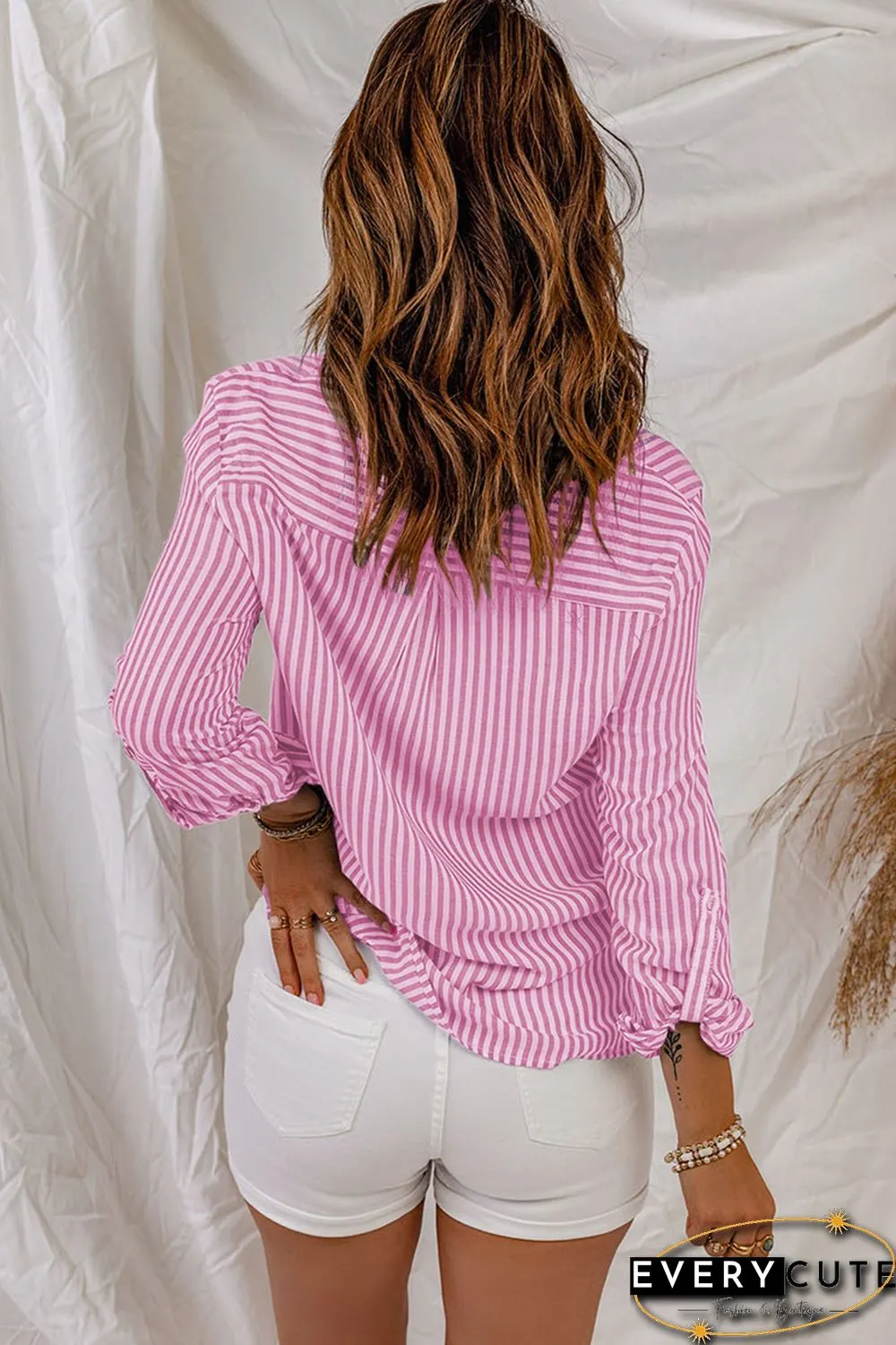 Rose Striped Pocketed Buttons Long Sleeve Shirt