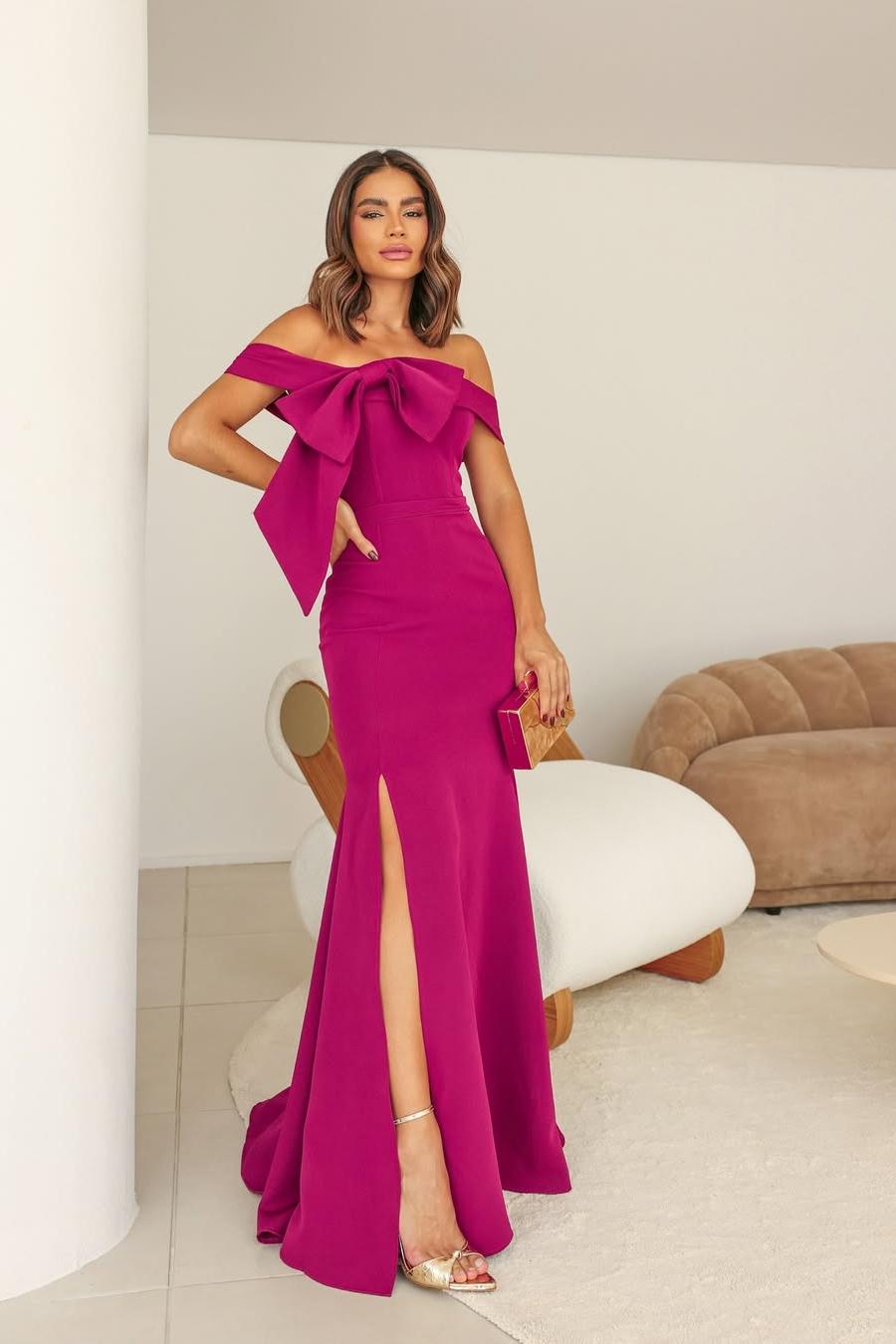 Charming Strapless Fuchsia Satin Off the Shoulder Bow Long Prom Dress with Split | MS0708 