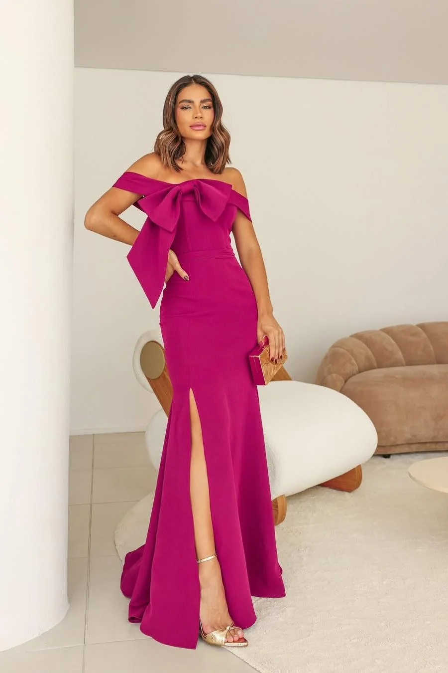 Miabel Charming Fuchsia Satin Off the Shoulder Bow Strapless Long Prom Dress with Split 