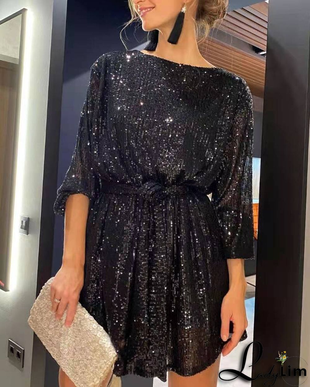 Women Casual Solid Lace-Up Sequin Embroidery Dress