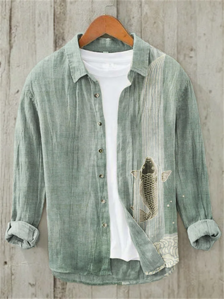 Comstylish Upstream Carp Japanese Art Linen Blend Shirt