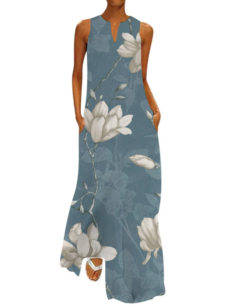 Women's Summer Sleeveless V-neck Floral Print Casual Dress