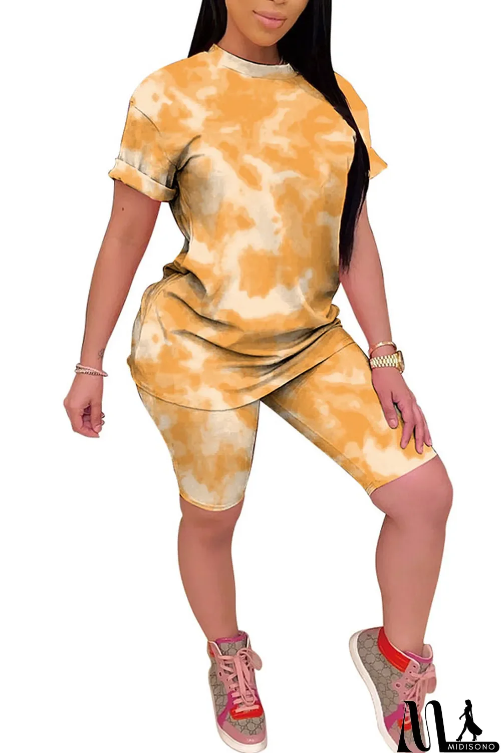 MidiSono - Light yellow Polyester Fashion Casual Print Gradient Two Piece Suits pencil Short Sleeve Two Pieces