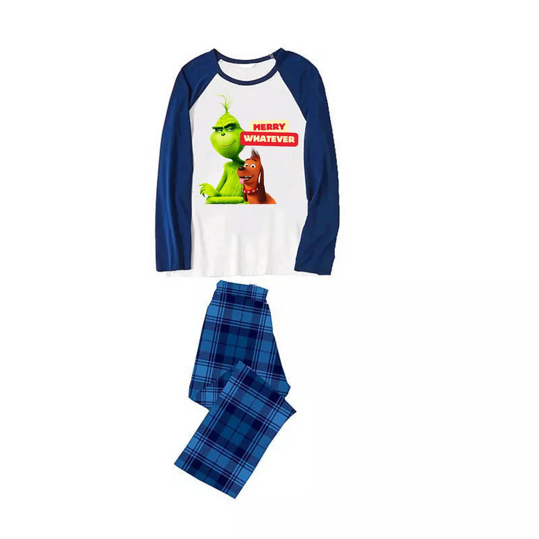 Cartoon Pattern and "Merry Whatever" Printed Navy Blue and Black Plaid Christmas Family Pajamas