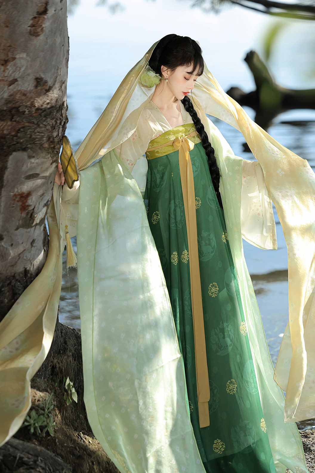 Tang Dynasty Three Color Hanfu Dress with Qixiong Ruqun and Restorative Style - fuguang 浮光 Stupa Stones