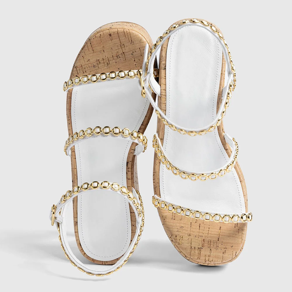 White Ankle Strap Wedge Heel Gold Hardware Platform Sandals for Women