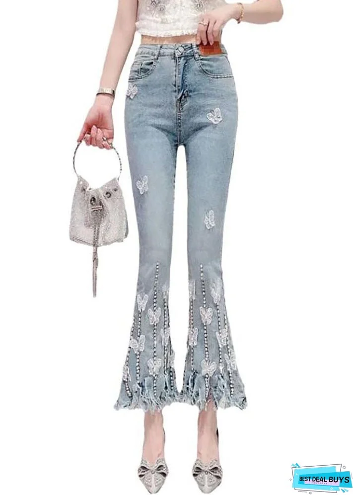 New Blue Zircon Pockets High Waist Denim Crop Pants Spring