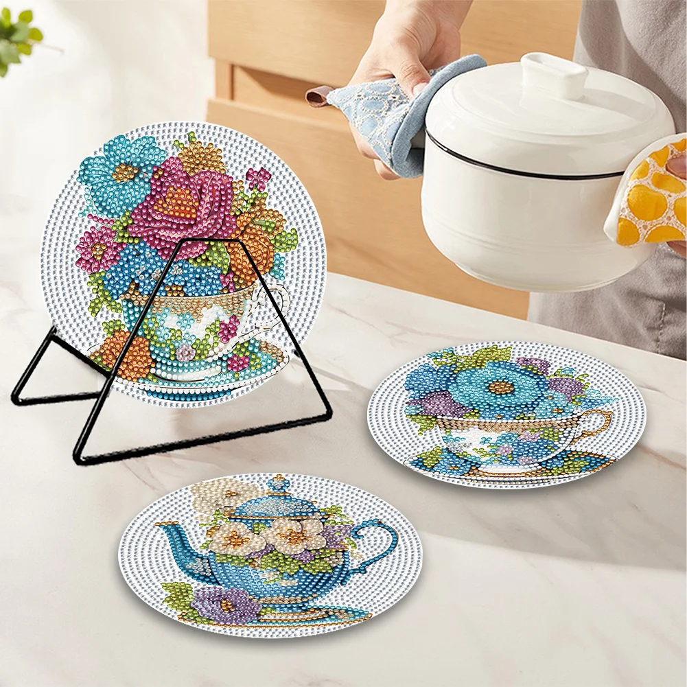 4pcs DIY Flower Tea Wooden Diamond Painted Placemats Tableware Mat with Holder