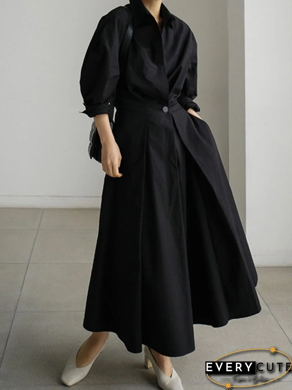Long Sleeves Loose Pleated Solid Color Split-Joint Tied Waist Lapel Midi Dresses Shirt Dress