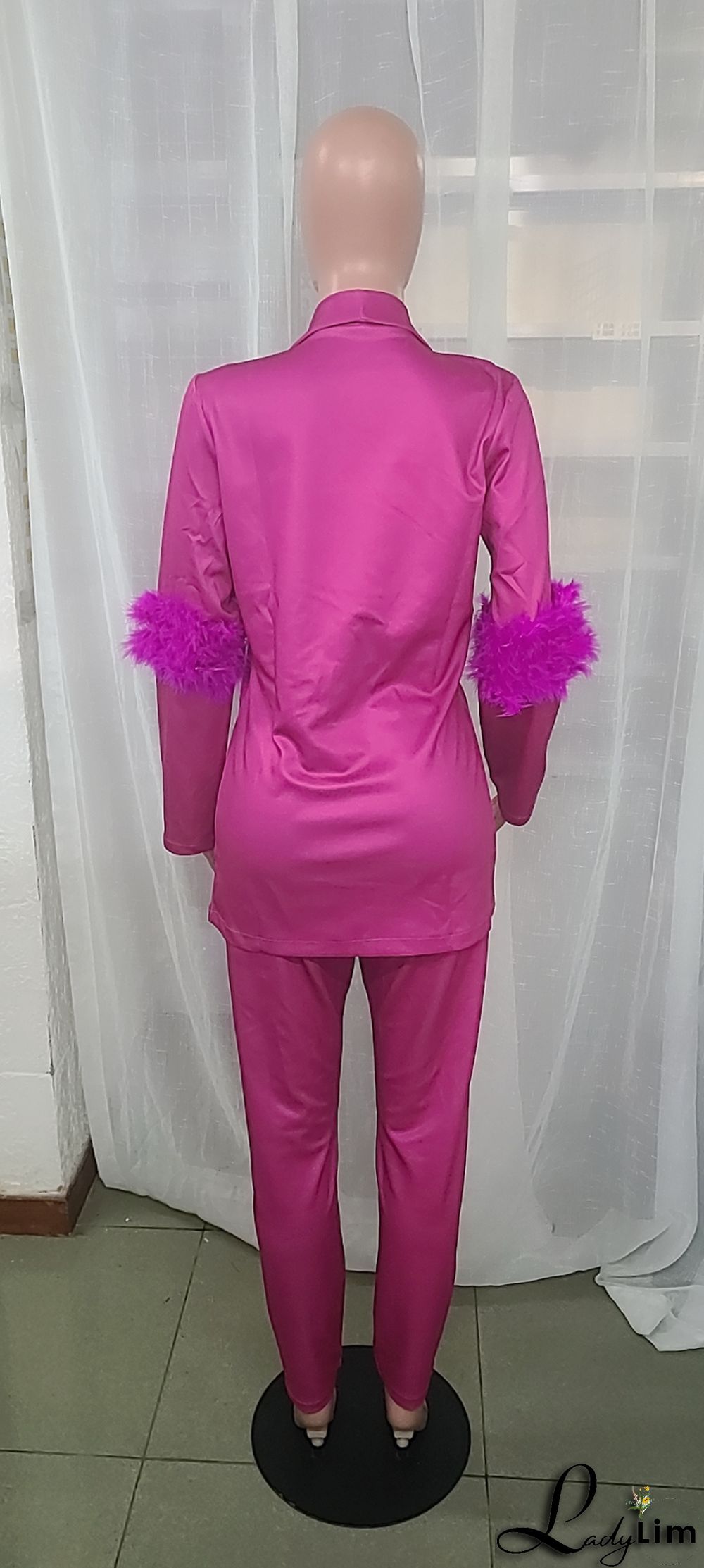 Fall Women Feather Blazer and Pant Two Piece