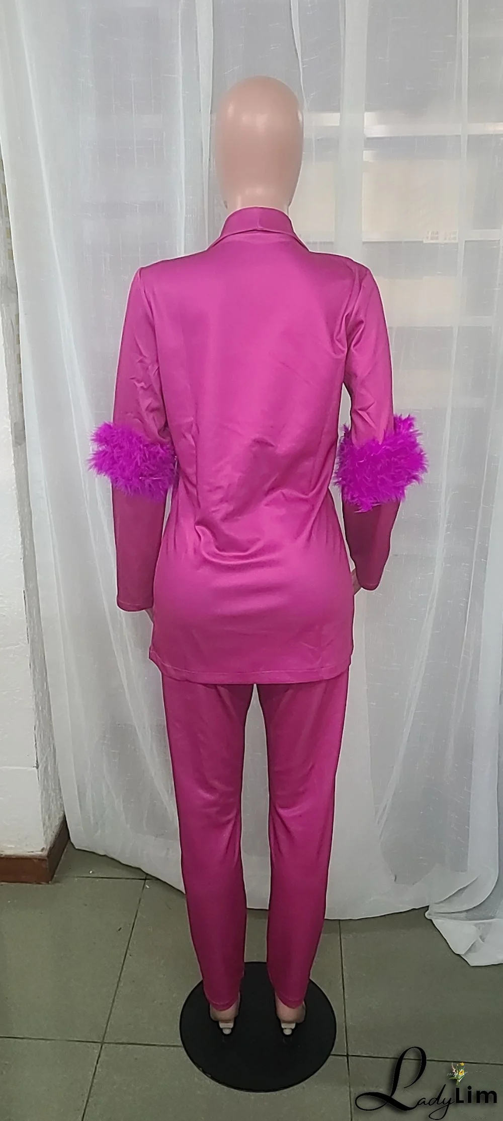 Fall Women Feather Blazer and Pant Two Piece