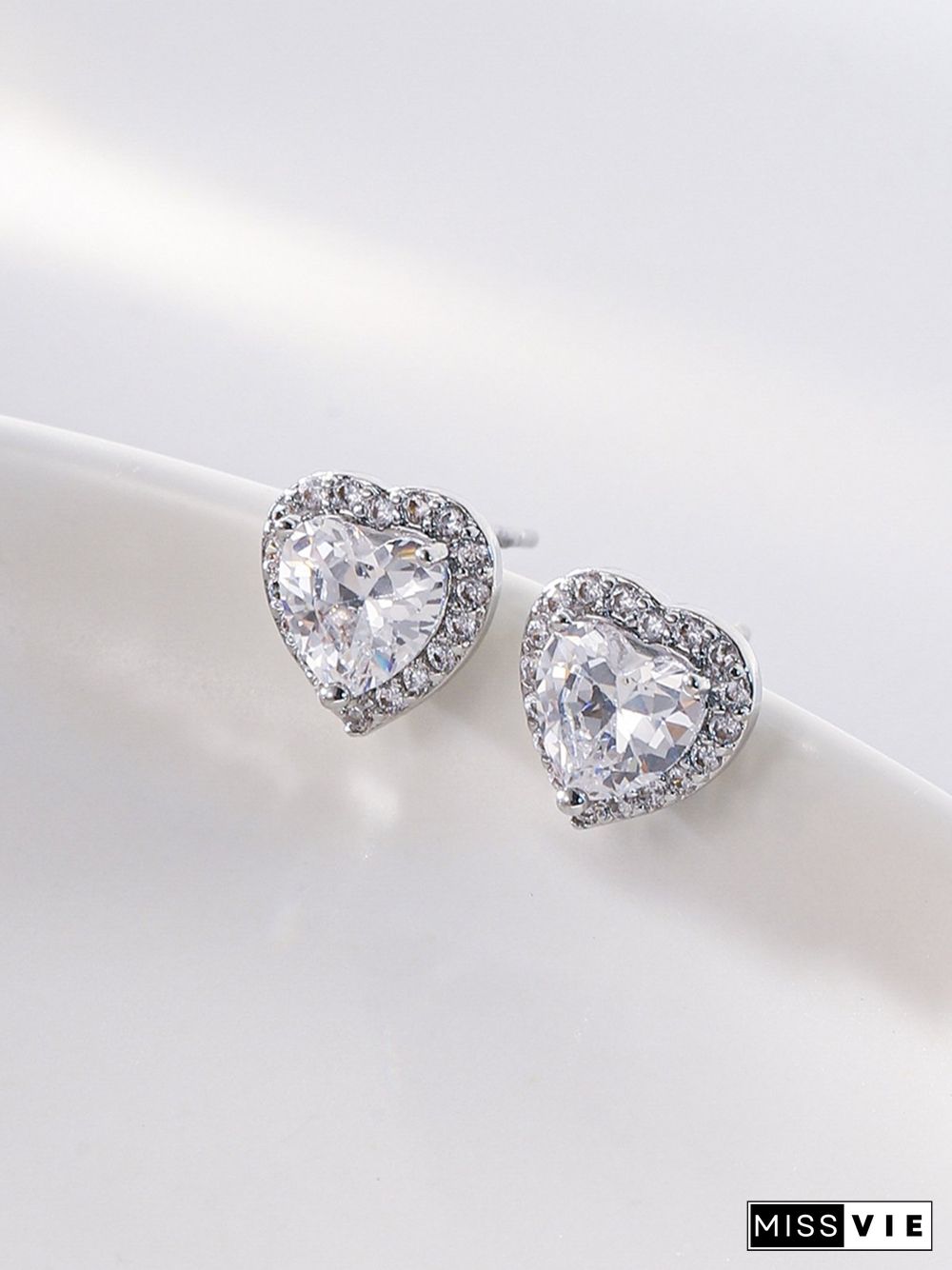 Full Diamond Pink Zircon Heart Stud Earrings Commuter Jewelry