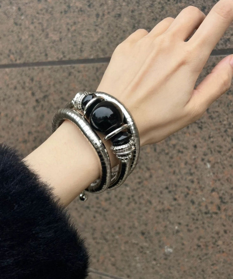 VCSHOES Black Stainless Steel Agate Bangle