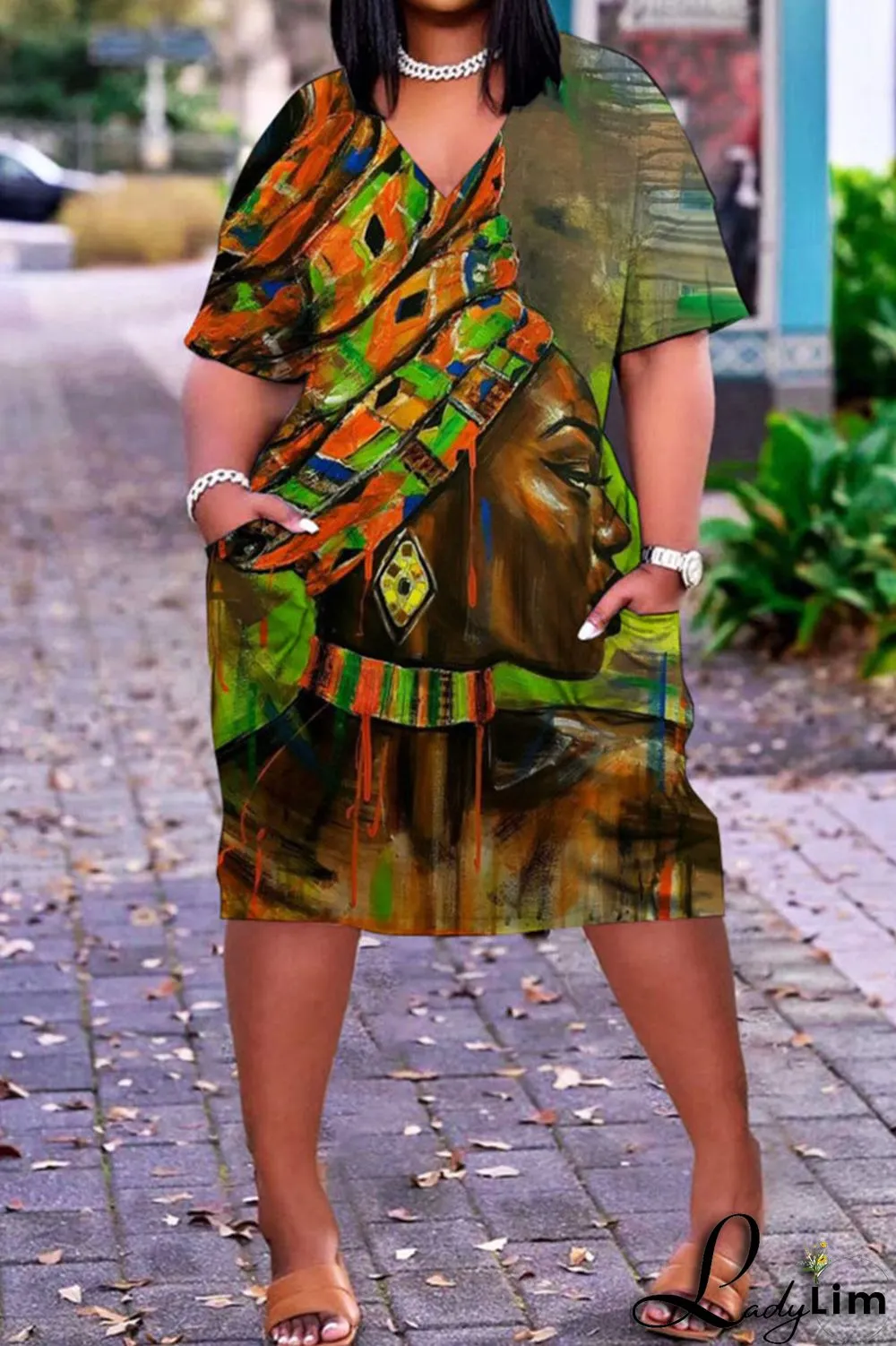 Grey Casual Street Print Patchwork V Neck Straight Dresses