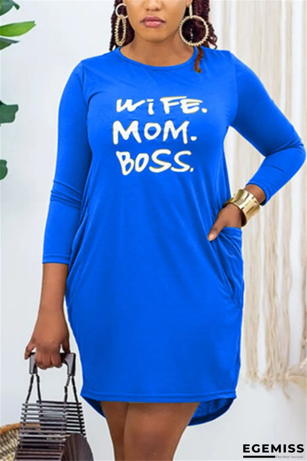 Blue Fashion Casual Living Letter Print Pocket Pullovers Basic O Neck Long Sleeve Mini Straight Dresses | EGEMISS