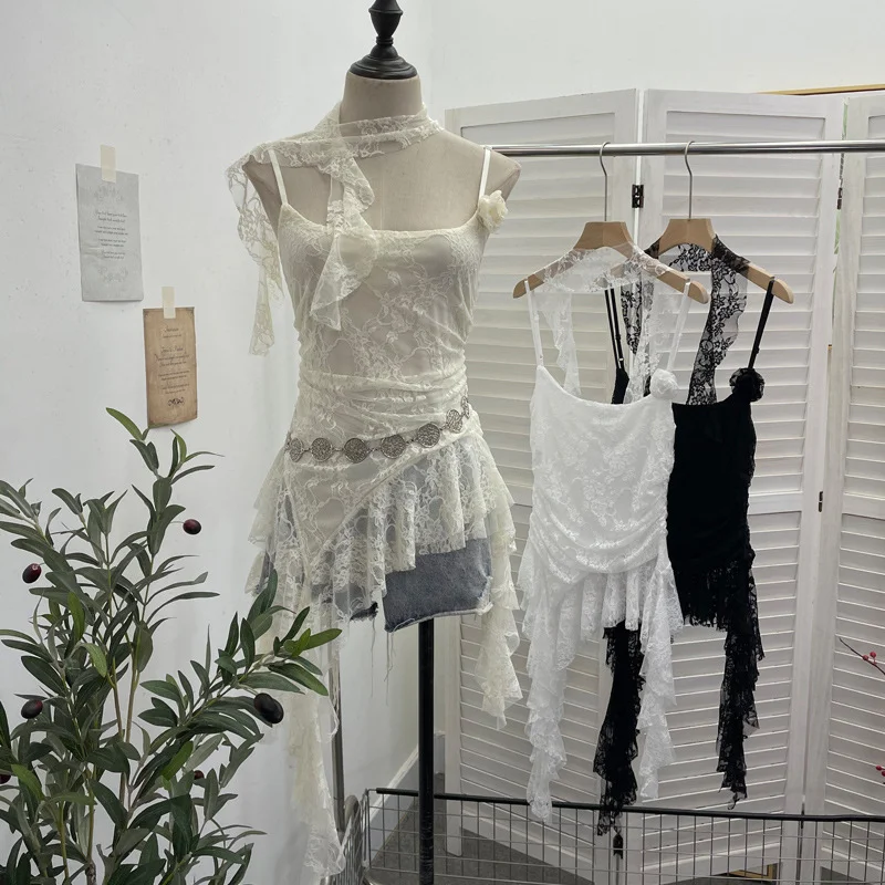 Nigikala Nigikala Shooting Lace Suspension Sheaf Vest Women's Summer Thin Irregular Lotus Leaf-Side Ribbon Slime Blouse 11851