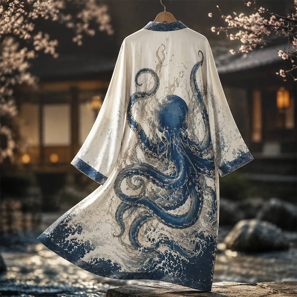 Men's Japanese Vintage Giant Blue Octopus & Waves Open-front Long Kimono Cardigan  artssus