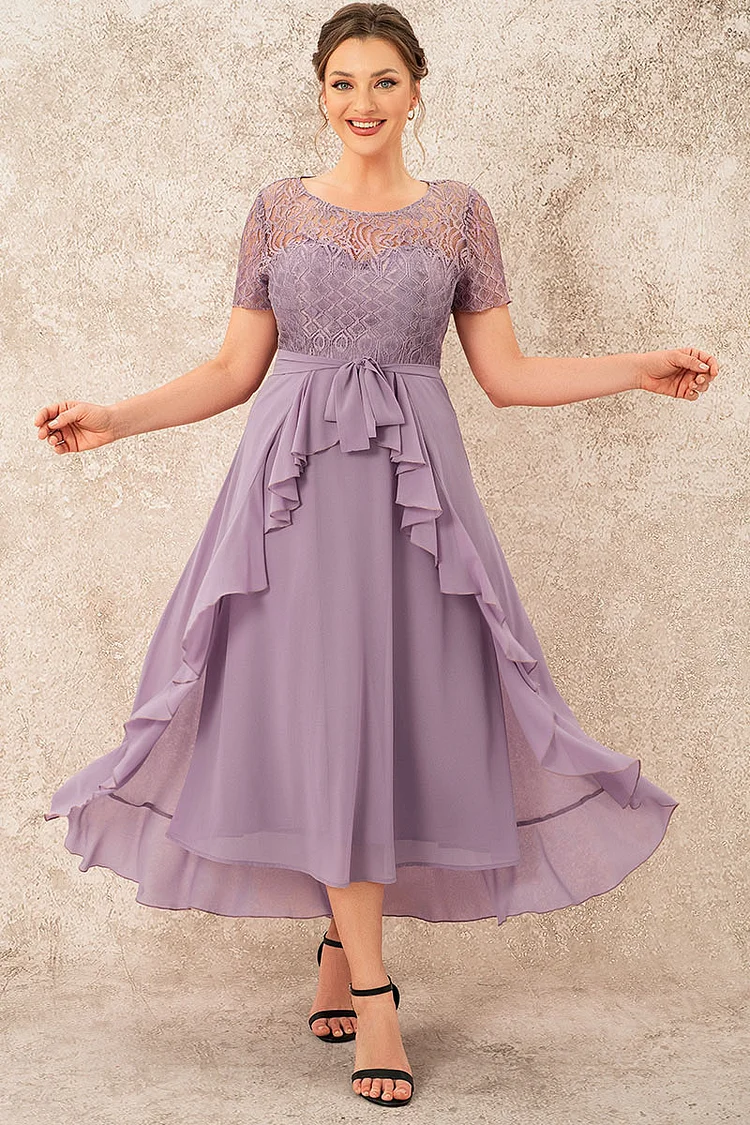 Flycurvy Plus Size Mother Of The Bride Light Purple Lace Stitching Chiffon Asymmetric Hem Tea-Length Dress  Flycurvy [product_label]