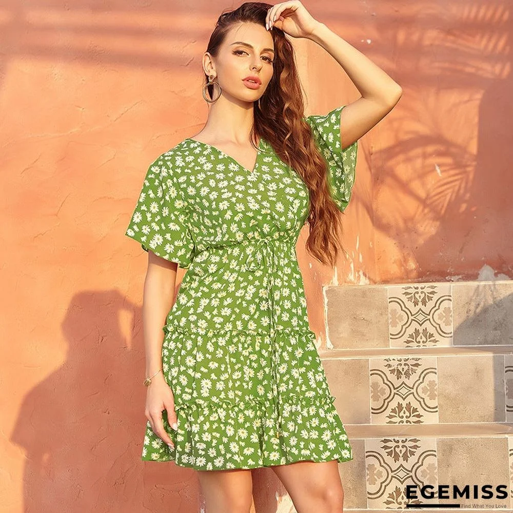 Women's Chiffon V-neck Lace Up Dress Casual | EGEMISS