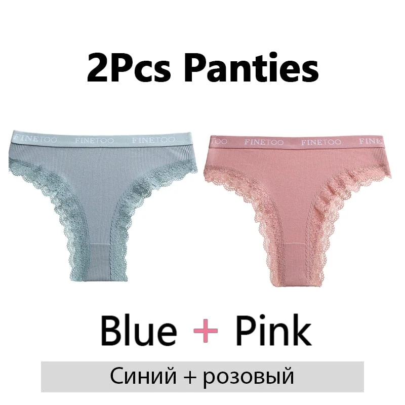 FINETOO 2Pcs/Set Cotton Panties for Women Sexy Ladies Lace G-string Solid Color Thongs Girls Plus Size M-2XL Underwear Lingerie