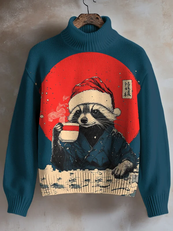Women's Christmas Raccoon Drinking Tea Japanese Art Print High Neck Knit Sweatshirt