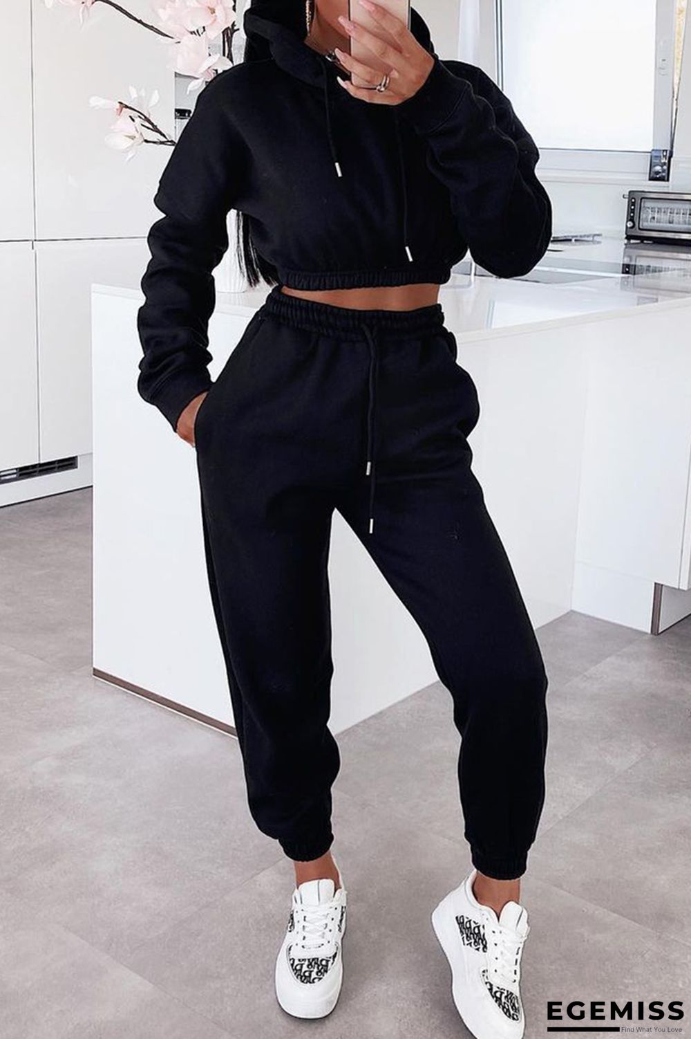 Black Fashion Casual Solid Basic Hooded Collar Long Sleeve Two Pieces | EGEMISS
