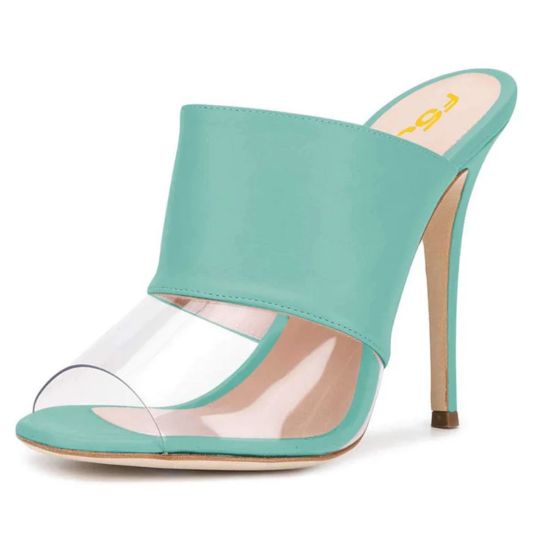 Cyan Transparent PVC Peep Toe Mule Heels |FSJ Shoes
