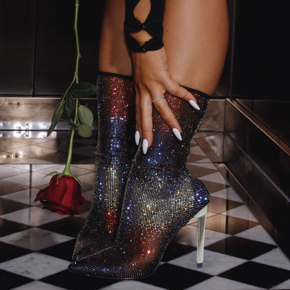 Women's Sparkly Pointed Toe Gradient Rhinestone Heeled Sock Boots Nicepairs