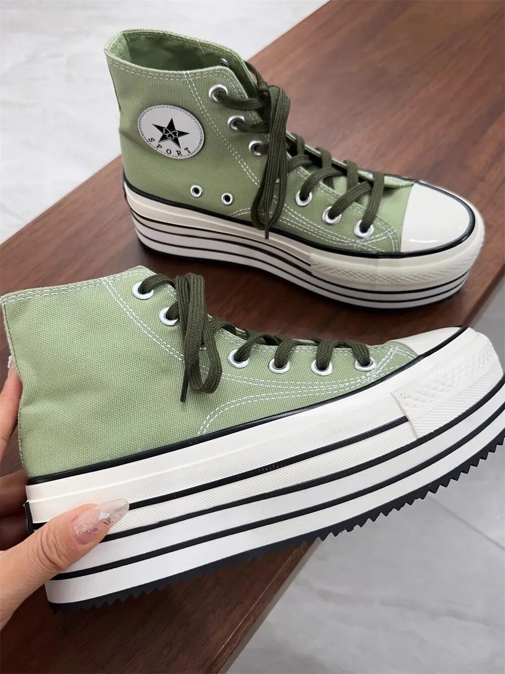 VCshoes Women Matcha Green Canvas Shoes Woman High Thick Wedges Heels Pumps Lady Dress Party Shoes Round Toe 47 Stripe Splicing