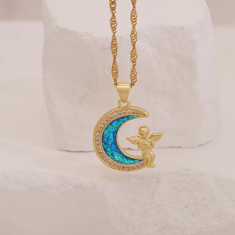Imitation Opal Moon Star Rose Angel Eyes Necklace