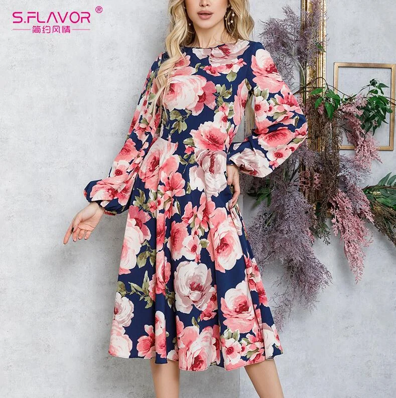 Jangj S.FLAVOR Floral Printing Boho Midi Dress For Women 2022 Autumn O-neck Slim A-line Dresses Female Bohemian Chic Vestidos